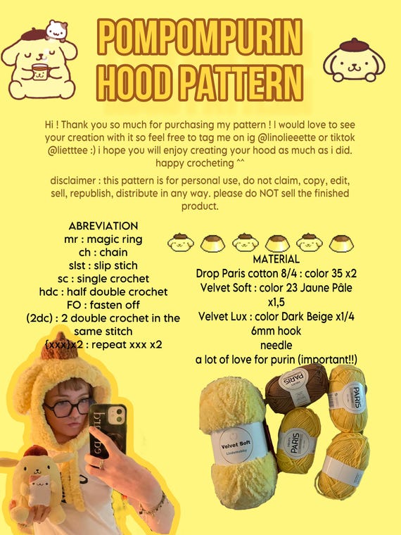 Pompompurin crochet hat pattern PDF ENG