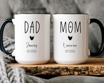 Custom Name Mom and Dad Mugs, Personalized New Parents Gift, Gift for New Dad and New Mom, Custom Baby Announcement, First Time Parents Mug