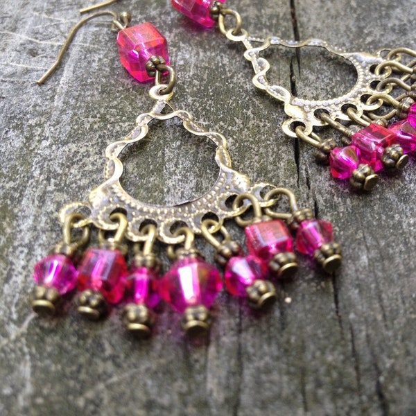 Vibrant Pink and Antique Bronze Chandelier Style Dangle Earrings