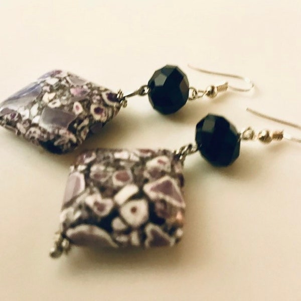 Purple / Black Magnesite Stone & Black Crystal Beaded Dangle Earrings