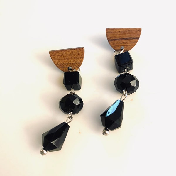 Geometric and Jet Black Crystal & Wooden Dangling Post Earrings