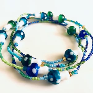 Beaded Boho Glass Mushroom Necklace - OOAK in Greens and Blues