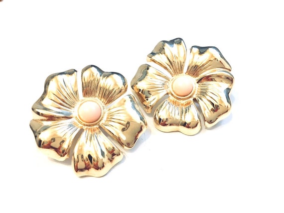 Vintage - Clip On Earrings - Bright Golden Flower… - image 2