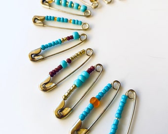 Set of 10 Nostalgic Safety Pin / Handmade Friendship Pins - Turquoise & Orange