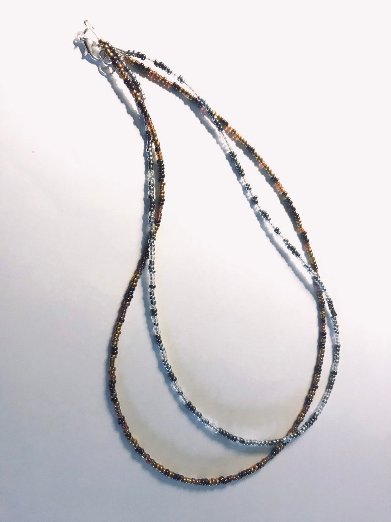 Necklace Lobster Clasp Double Strand Silver and Gold Seed Beaded Necklace