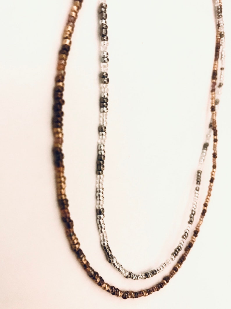 Necklace Lobster Clasp Double Strand Silver and Gold Seed Beaded Necklace