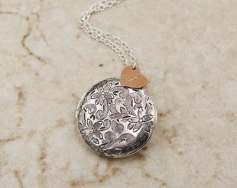 Silver Locket Necklace, Locket with Photos, Heart Initial Necklace, Floral Locket, Antiqued Silver