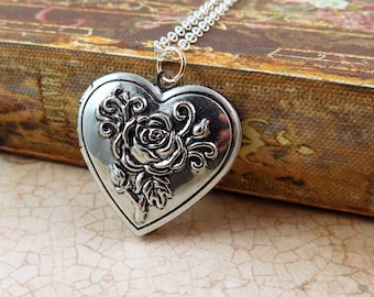 Silver Heart Locket with Floral Design, Flower Pendant, Locket with Photos, Gift for Mom, Anniversary Present for Wife