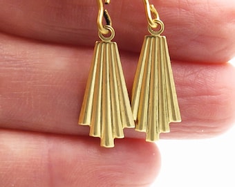 Gold Art Deco Earrings, Mid Century Modern, Geometric Jewelry, Long Fan Earrings, Modernist, Gift for Women