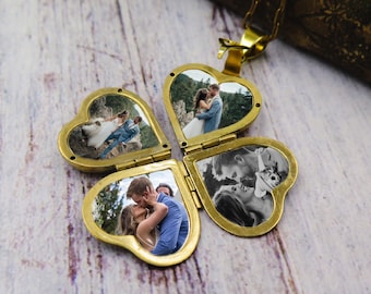 Personalized 4 Photo Heart Locket Necklace, Memorial Keepsake, Gold Heart Necklace