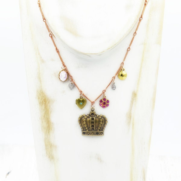 Colorful Charm Necklace, Layering Necklace, Silver and Gold, Crown Necklace, Locket Jewelry, Vintage Chain, Unique Gift for Her