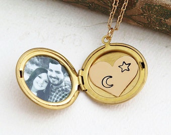 Moon and Star Necklace, Celestial Locket with Photo, Personalized Jewelry for Her, Celestial Gift