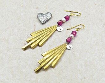 Large Art Deco Earrings, Sterling Silver Heart Charm Earrings, Bold Jewelry, Pink Beaded Earrings