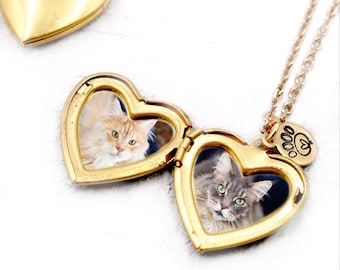 Pet Memorial Locket with Photos, Gold Heart Locket, Paw Print Jewelry, Pet Keepsake Gift, Heart Jewelry Dog, Cat Mourning Locket