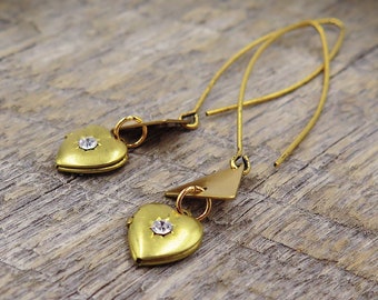 Heart Locket Earrings, Triangle Jewelry, Mid Century Modern, Geometric Style, Long Earrings, Choice of Length