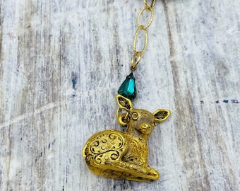 Vintage Deer Locket Necklace: Emerald Green Rhinestone, Max Factor Pendant