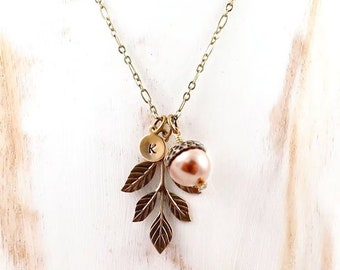 Rose Gold Pearl Acorn Necklace: Initial Leaf Pendant