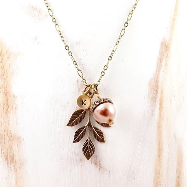 Rose Gold Pearl Necklace with Leaf, Acorn Pendant, Fall Finds, Choose Your Color, Initial Necklace, White Pearl