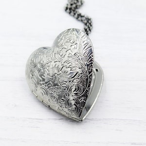 Large Heart Locket Necklace, Silver Pendant, Mom Locket Gift, Photo Gift, Unique Heart Gift with Pictures, Romancecore image 1