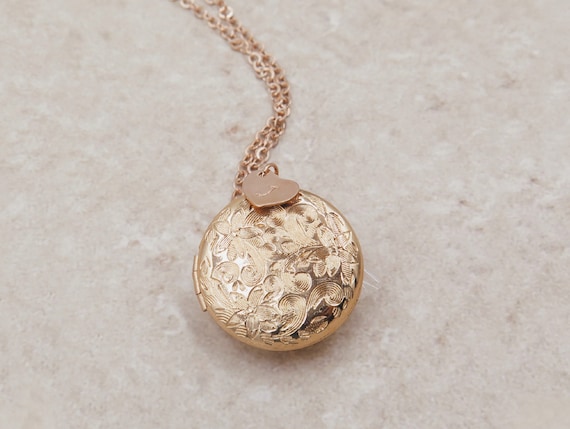 Rose Gold Floral Locket Necklace, Personalized Photo Gift for Her, Initial Jewelry