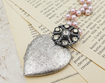 Large Silver Heart Locket, Vintage Rhinestone and Pink Pearl Chain, Your Photos Included, Photo Gift for Mom