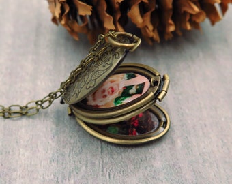Personalized Flower Locket: Antiqued Bronze Four Photo Necklace