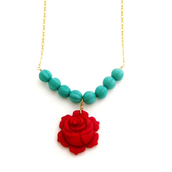 Red Rose Necklace Red Flower Necklace Turquoise Beaded Jewelry Gold Filled Chain Bamboo Coral Statement Jewelry Southwest - Carina