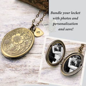 Collana con medaglione fotografico floreale: gioielli con iniziali personalizzate, ottone anticato