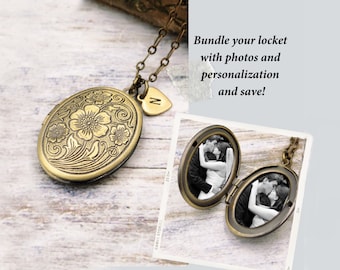 May include: A gold locket necklace with a floral design on the front. The locket is open to reveal a black and white photo of a couple. The necklace also has a small heart charm with the letter "N" on it. "Bundle your locket with photos and personalization and save!"