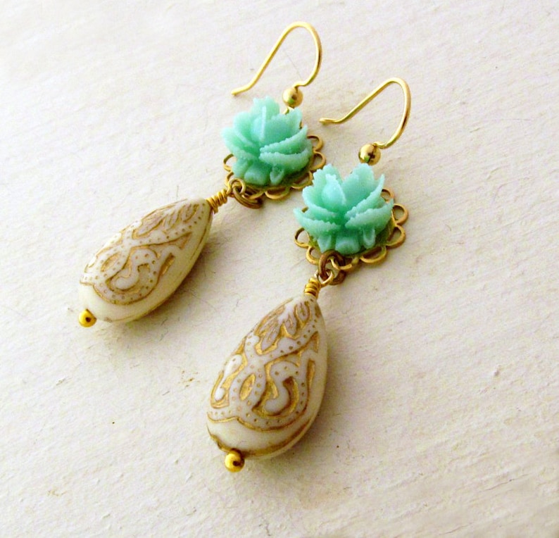 Mint Green Flower Earrings Ornate Teardrop Earrings Etched Etsy