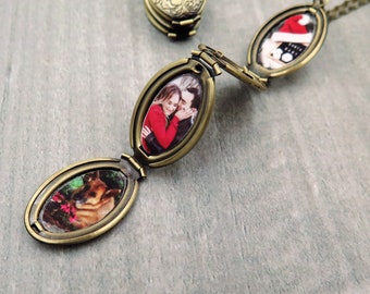 Four Photo Locket, 4 Photo Necklace with Pictures, Unique Gift for Mom, Family Album Jewelry, Bronze Locket with Flowers, Traditional Gift