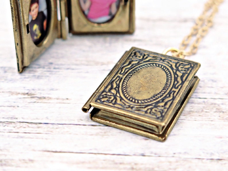 Book Locket with Photos, Personalized Necklace, Book Necklace, Teacher Jewelry, Graduation Gift, Book Pendant, Book Lover Gift image 1