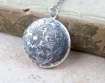 Floral Silver Locket Necklace, Locket with Photos, Picture Locket, Gift for Anniversary, Wedding Photo Jewelry