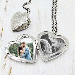 Large Heart Locket Necklace, Silver Pendant, Mom Locket Gift, Photo Gift, Unique Heart Gift with Pictures, Romancecore image 3