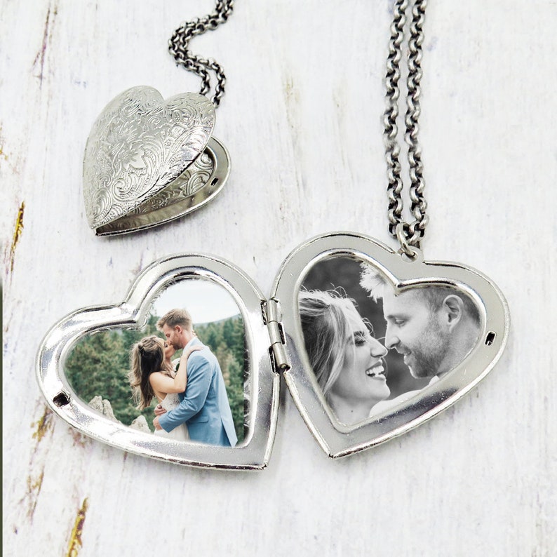 Large Heart Locket Necklace, Silver Pendant, Mom Locket Gift, Photo Gift, Unique Heart Gift with Pictures, Romancecore image 3