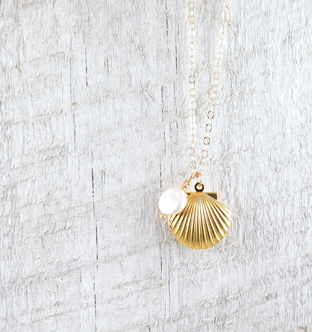 Sea Shell Locket Necklace Gold Seashell Necklace Ocean Etsy