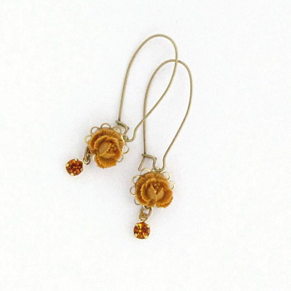 RESERVED Yellow Flower Earrings Golden Flower Earrings Rhinestone Earrings Dangle Earrings Topaz Mustard Citrine Silk Road - Harvest Sparkle