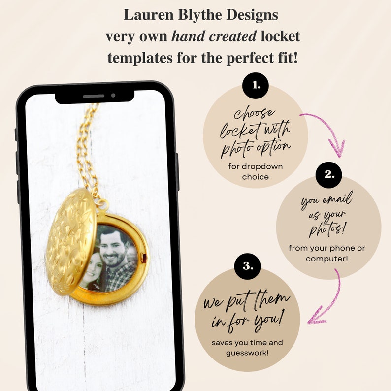 May include: A gold locket necklace with a photo inside. The image shows a three-step process for creating a custom locket with a photo. Step 1: Choose a locket with a photo option. Step 2: Email your photos. Step 3: We put them in for you! Saves you time and guesswork.
