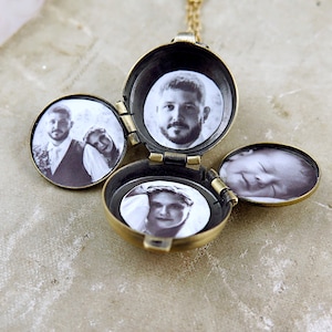 Personalized Four Photo Locket Necklace: Bronze Floral Pendant, New Mom Gift