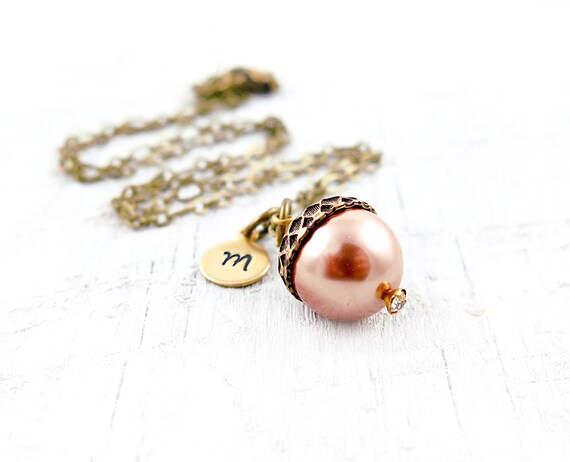 Rose Gold Pearl Acorn Necklace 