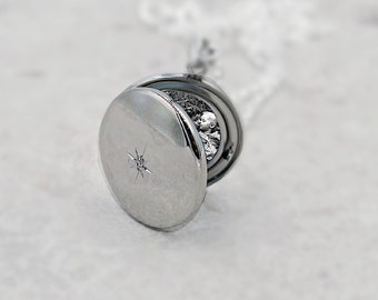 Custom Photo Locket Necklace Sterling, Circle Locket Photo, Crystal Star Necklace, Boy to Mom Jewelry, Silver Round Locket