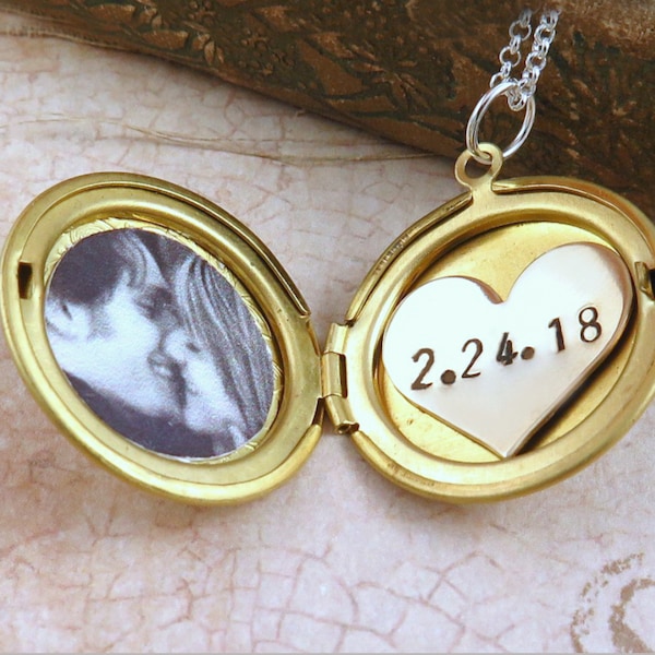 Antique Gold Locket Necklace, Date Necklace Personalized, Custom Photo Locket Necklace, Floral Jewelry, Boy to Mom Gift