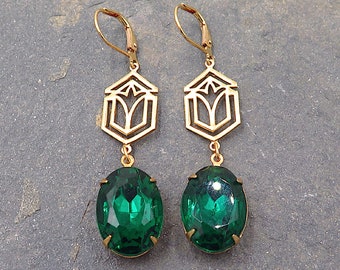 Emerald Green Art Deco Earrings, Gold Plated Leverback