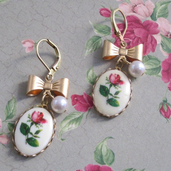 Cameo and Bow Earrings Vintage Rose Cameos  Freshwater Pearls Brass Bows - So Pretty