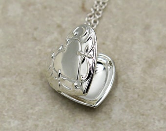 Petite Silver Heart Locket Necklace: Art Deco Photo Pendant