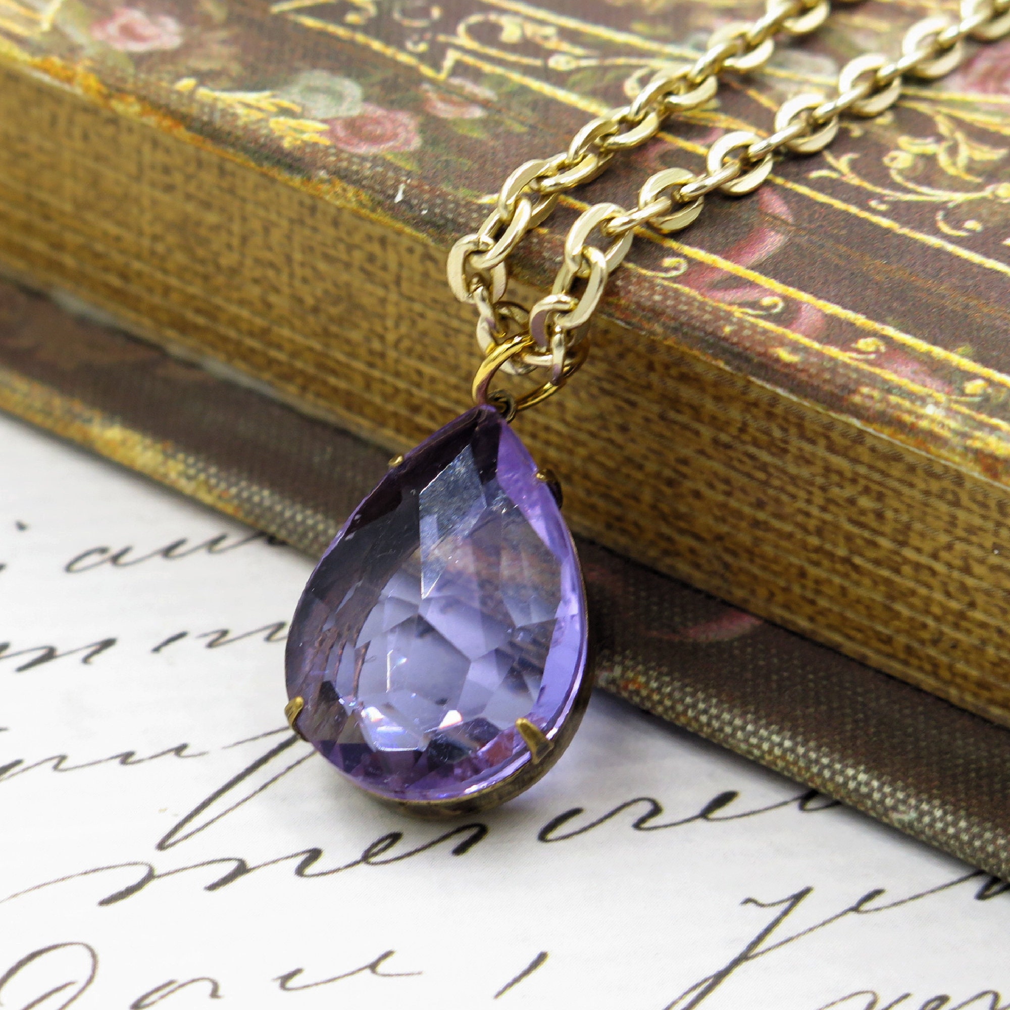 Purple Jewel Necklace Purple Rhinestone Necklace Vintage Style Teardrop Pendant Jewel Toned Jewelry Etsy