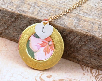Vintage Wallpaper Pendant, Floral Locket with Photos, Personalized Jewelry, Gold Locket Necklace, Mothers Day Gift
