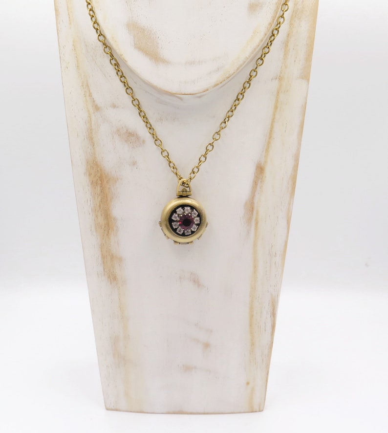 Rhinestone Flower Necklace, 4 Photo Locket, Multi Photo Locket Necklace, Vintage Red Crystal Jewel image 2