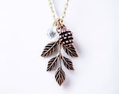 Leaf Charm Necklace with Crystal and Pinecone, Gift for Mom, Personalized Jewelry, Woodland Jewelry, Mothers Day Gift, Fall Wedding