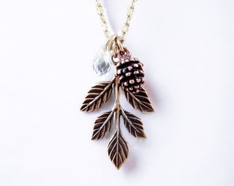 Leaf Charm Necklace with Crystal and Pinecone, Gift for Her, Personalized Jewelry, Woodland Jewelry, Bridesmaid Winter Necklace Set